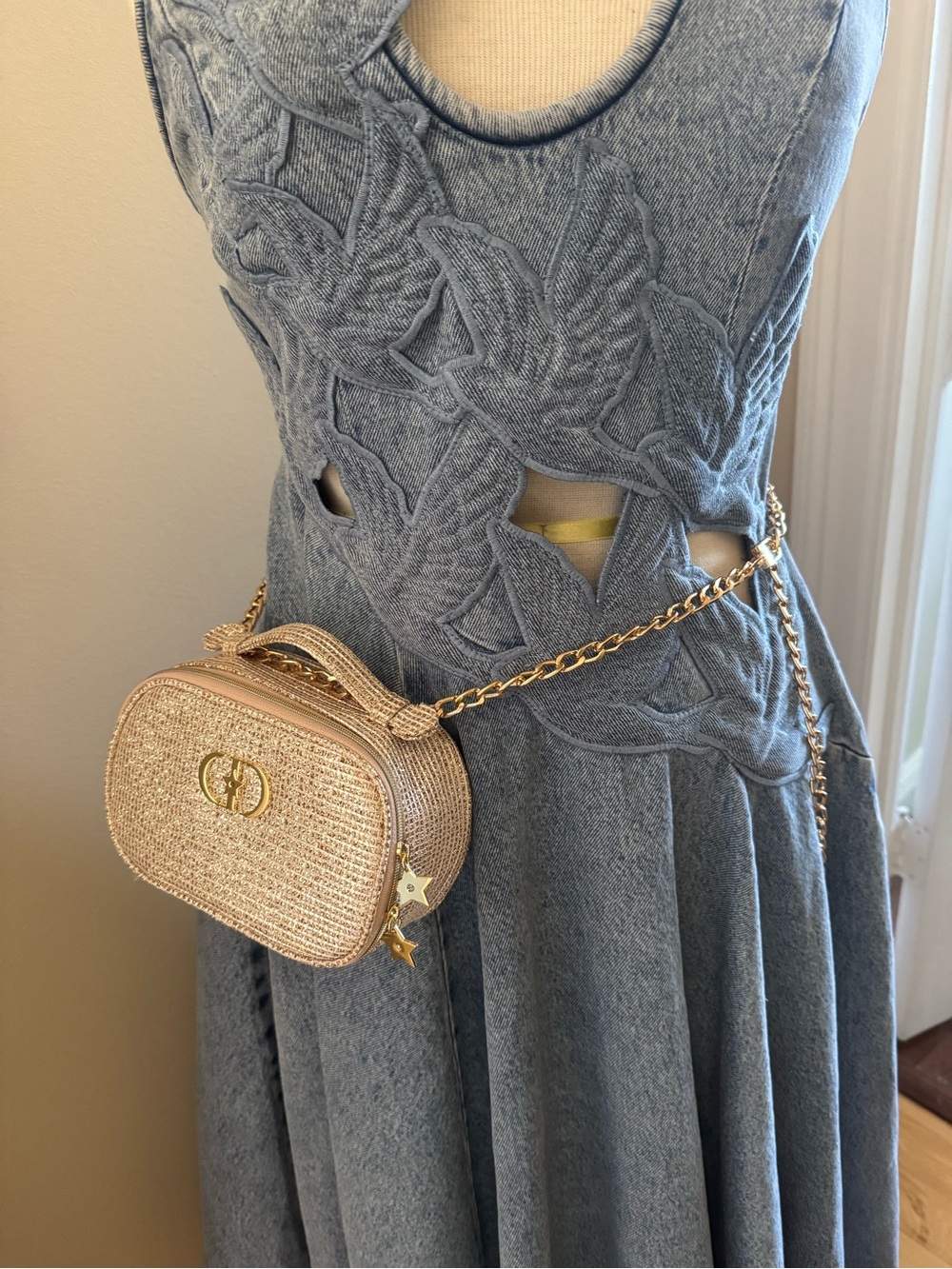 Gold Straw Crossbody Bag with Chain Strap